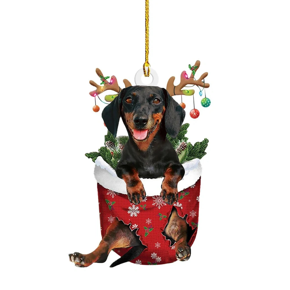 8cm acrylic Christmas sausage dog decoration in assorted colours for holiday displays