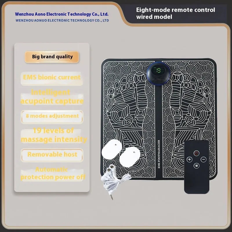 A blue rechargeable reflexology foot massager mat with a remote control on a wooden floor.