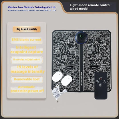 A blue rechargeable reflexology foot massager mat with a remote control on a wooden floor.
