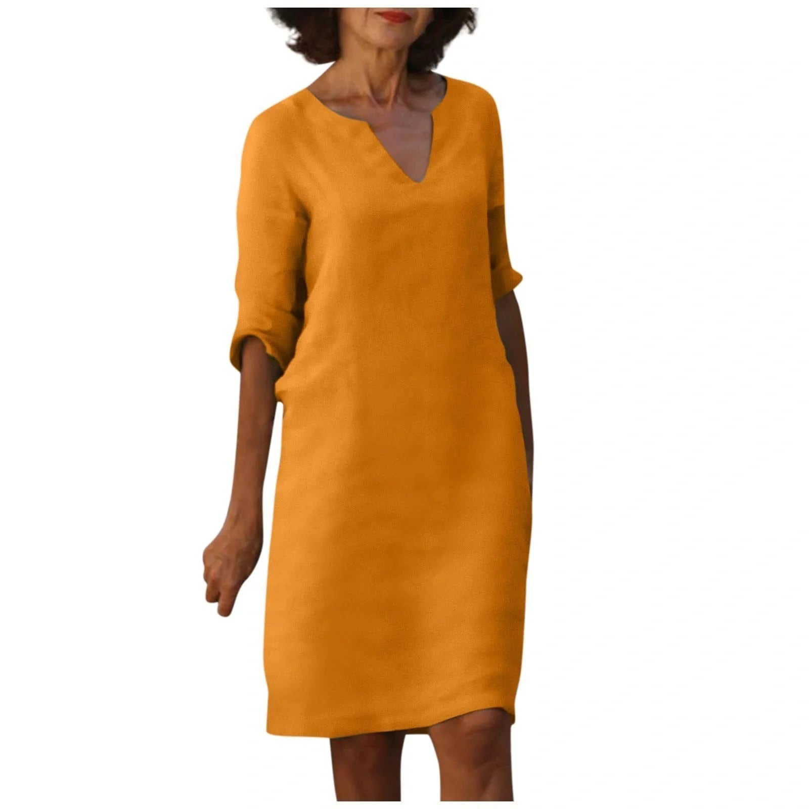 Retro cotton and linen V-neck dress with high waist and summer stitching in various colours