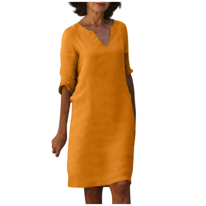 Retro cotton and linen V-neck dress with high waist and summer stitching in various colours