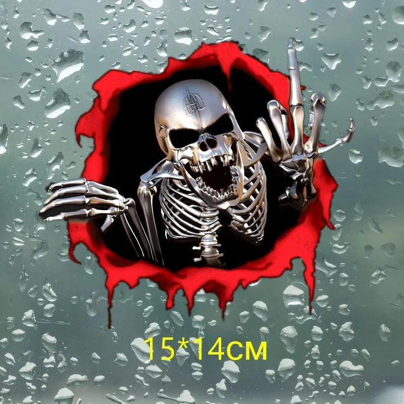 Car bumper stickers with printing, reflective metal skull design measuring 15 by 14 cm made from PET material, colourful broken shell peeping pattern for vehicle decoration and personalisation