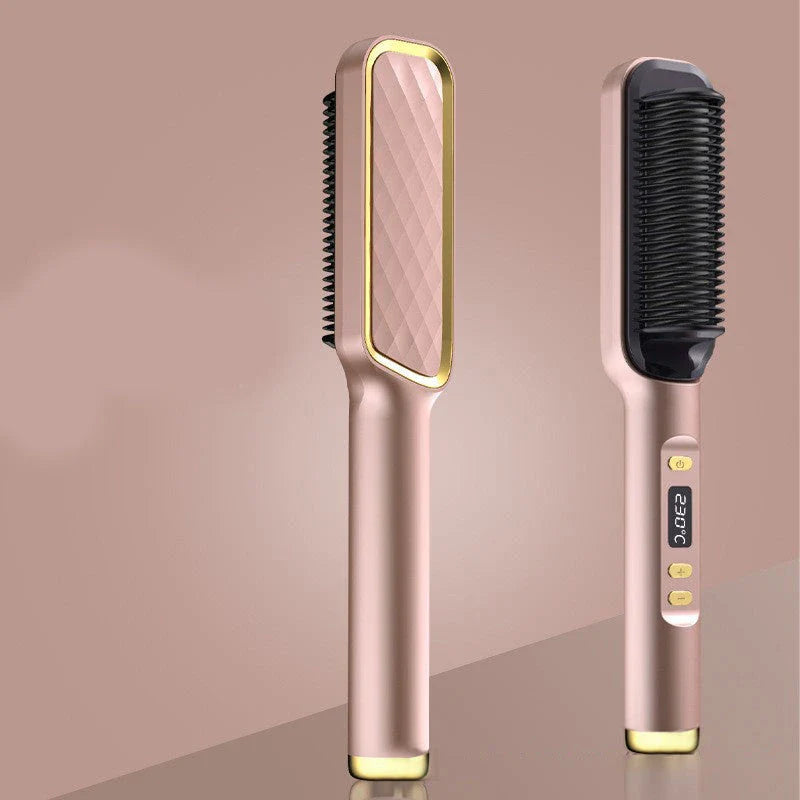 Salon-quality hair straightening brush with ceramic heating plates for smooth, frizz-free hair styling