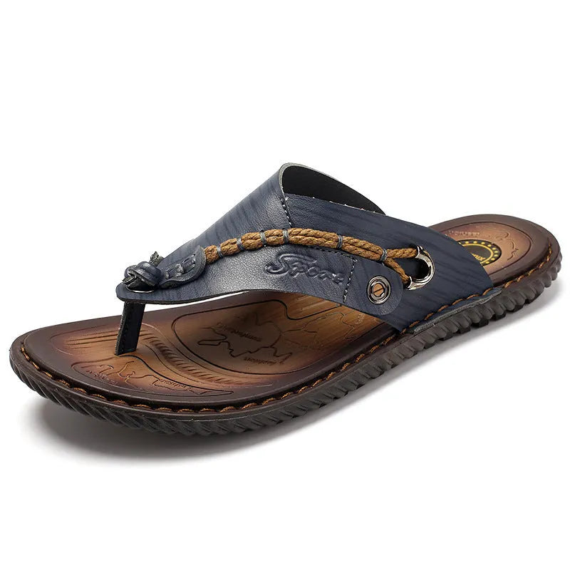 Men's black PU leather casual slippers with non-slip sole on a white background