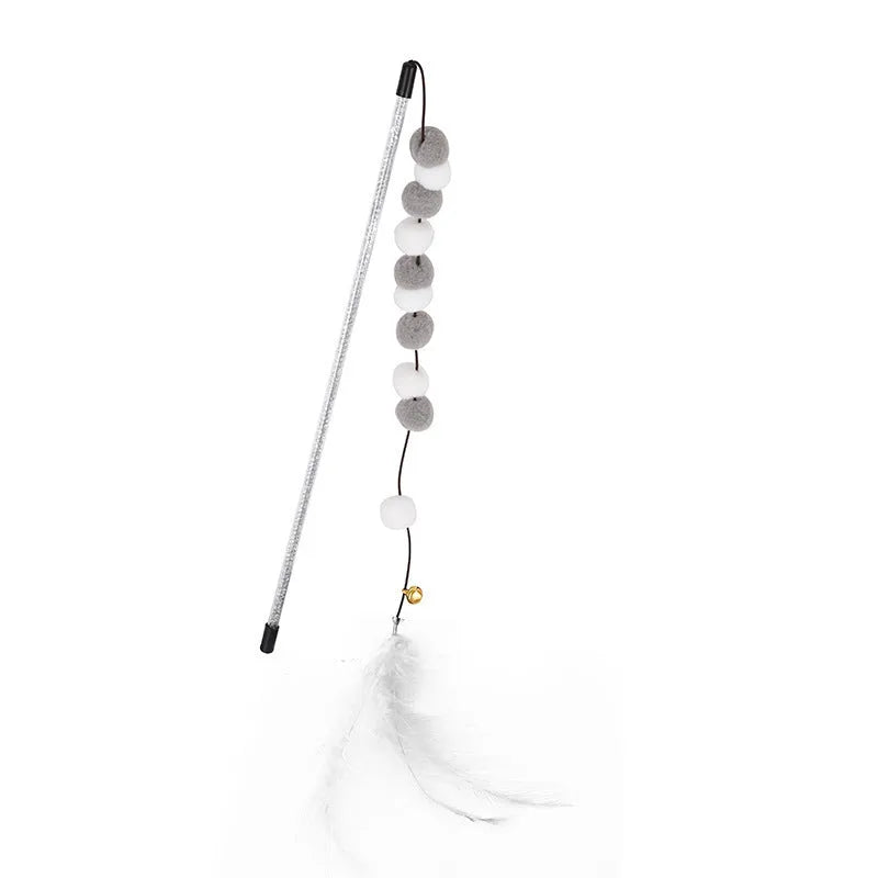Blue cat teaser stick toy with a bell and a grey feather pompon, shown next to a grey and yellow version.