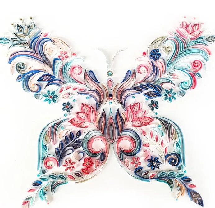 20-inch handmade butterfly quilling illustration craft pack with tools including glue, scissors, awl, and tweezers