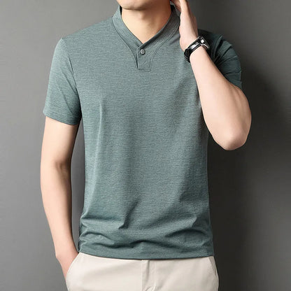 Men's short sleeve t-shirt with front zipper high-collar in polyester blend fabric