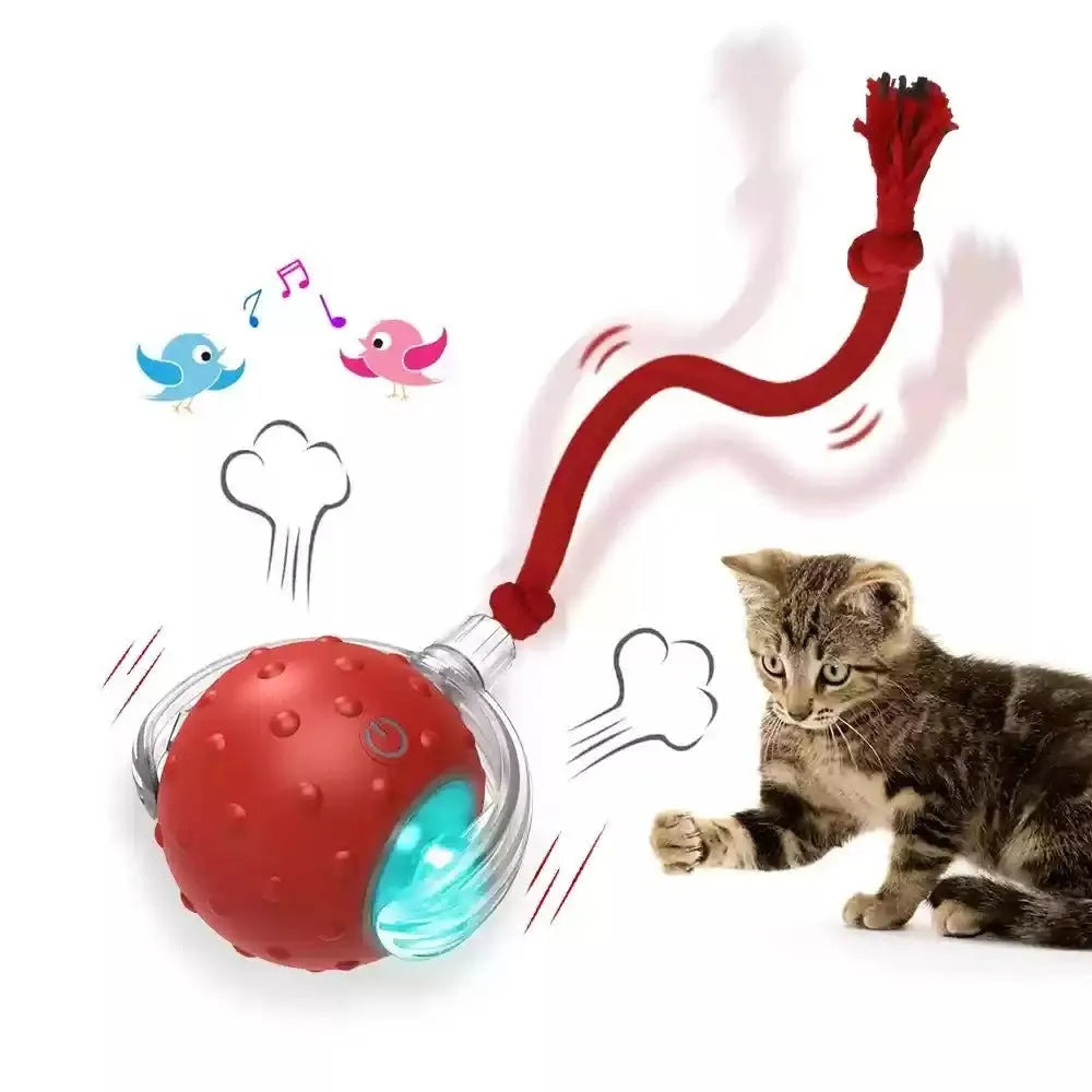 Blue and red interactive motorised cat toy ball with rubber treads for rolling action