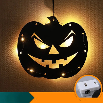 Halloween LED decorative lights with luminescent spider design showing eight colour options including bat, castle, black cat, pumpkin, wizard, ghost, spider, and spider web