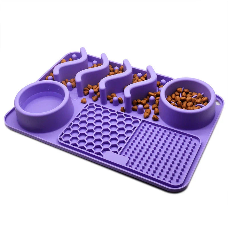 Premium silicone pet licking pad in various colours, designed to slow down eating and promote dental health for dogs