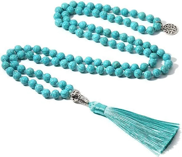 Handmade long stone beaded necklace with 108 8mm beads in a choice of 12 natural colours.