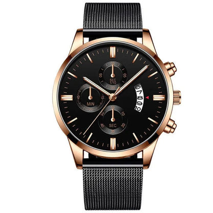 Men's stainless steel mesh band quartz watch with analog dial on a wrist.