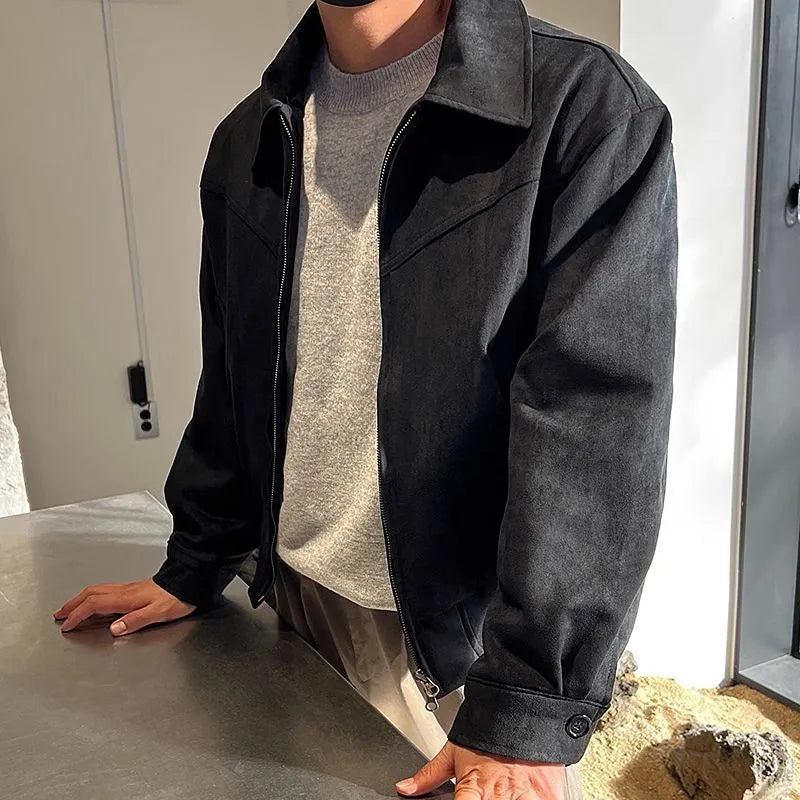 Loose lapel short suede jacket in brown or black, Hong Kong style, unhooded, sizes M to 2XL