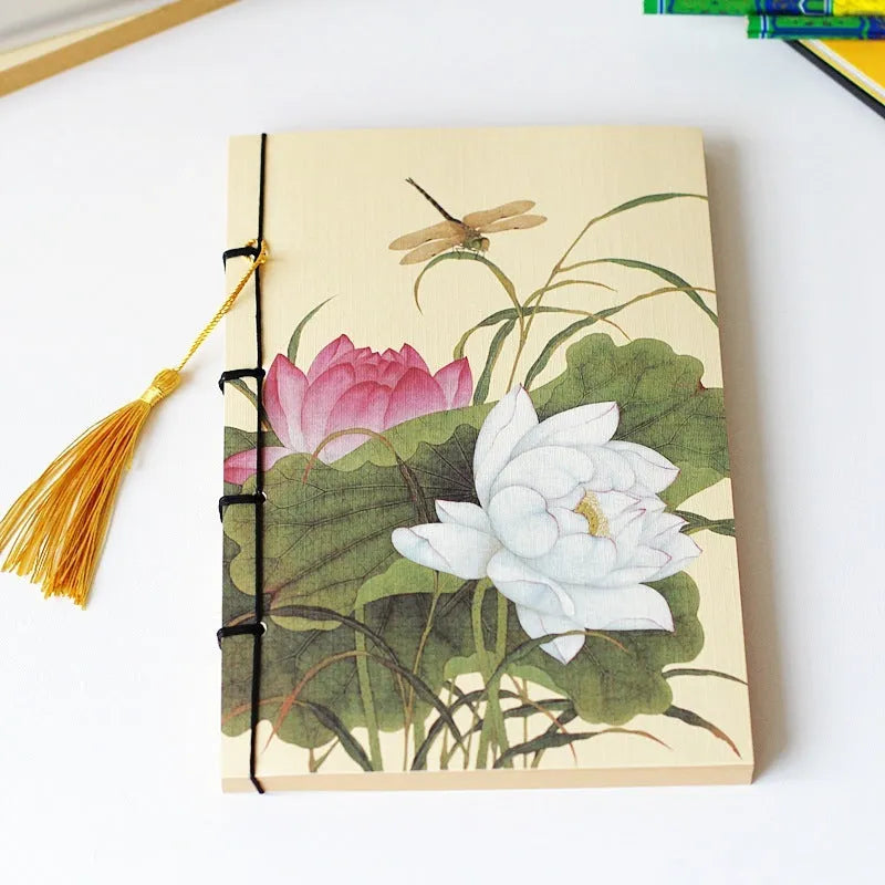 A5 antique wire-bound notebook with classical artwork cover, black oil wax rope binding, and decorative tassels
