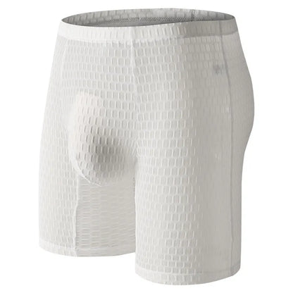 Men's solid-colour lace boxer shorts with a hip-lifting shaping design.