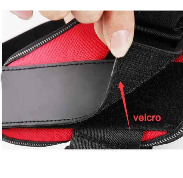 Adjustable reflective nylon dog harness vest with a sturdy handle and chest strap, shown on a size chart.