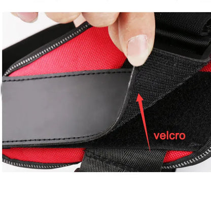 Adjustable reflective nylon dog harness vest with a sturdy handle and chest strap, shown on a size chart.