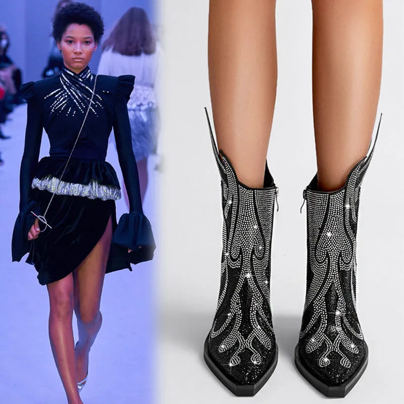 Women's black square toe martin boots with chunky heel, rhinestone flame detail, and side zip.