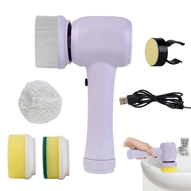 White cordless electric spin scrubber with multiple brush heads on a bathroom tile.