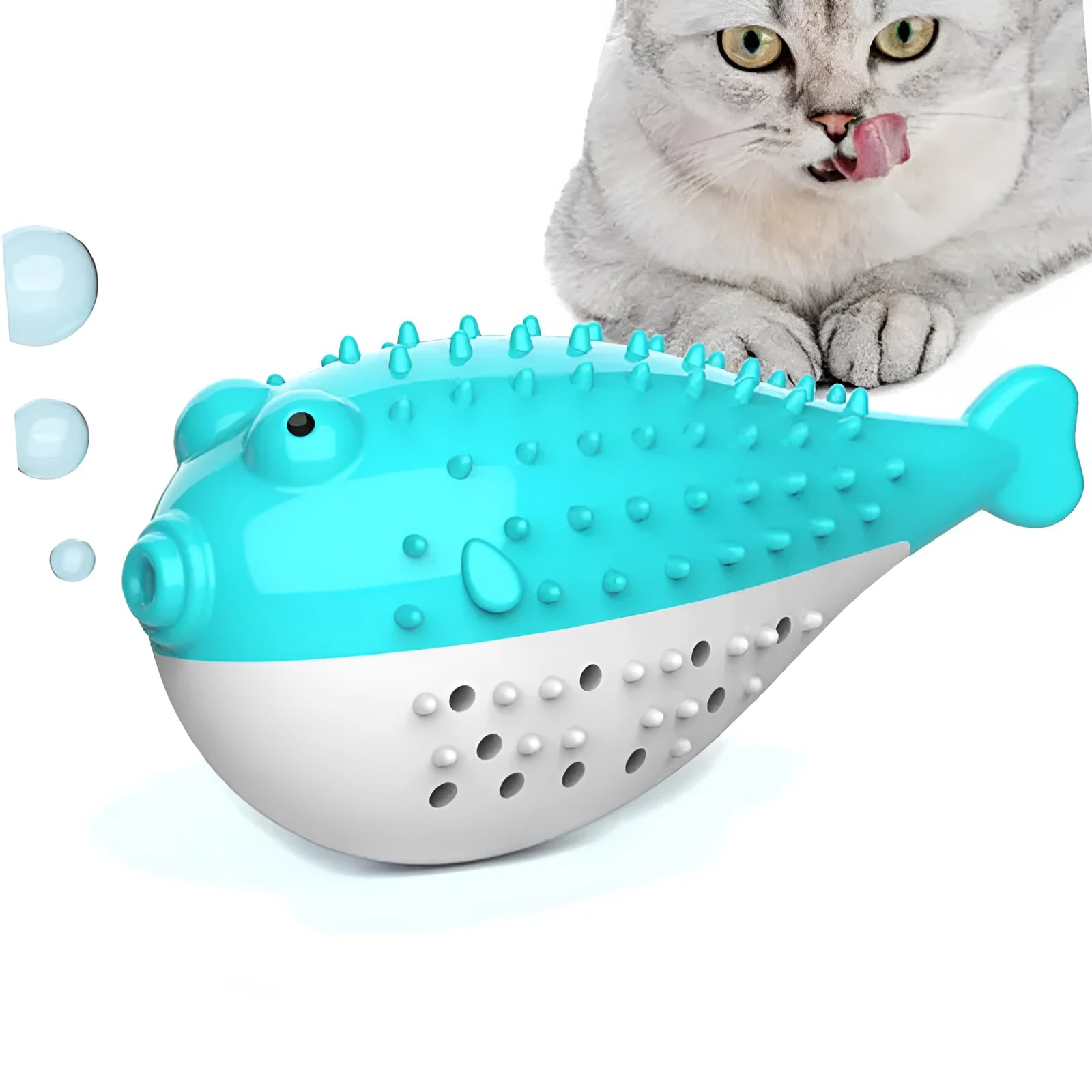 Mint Toys blue silicone fish-shaped cat chew toy on a wooden floor.