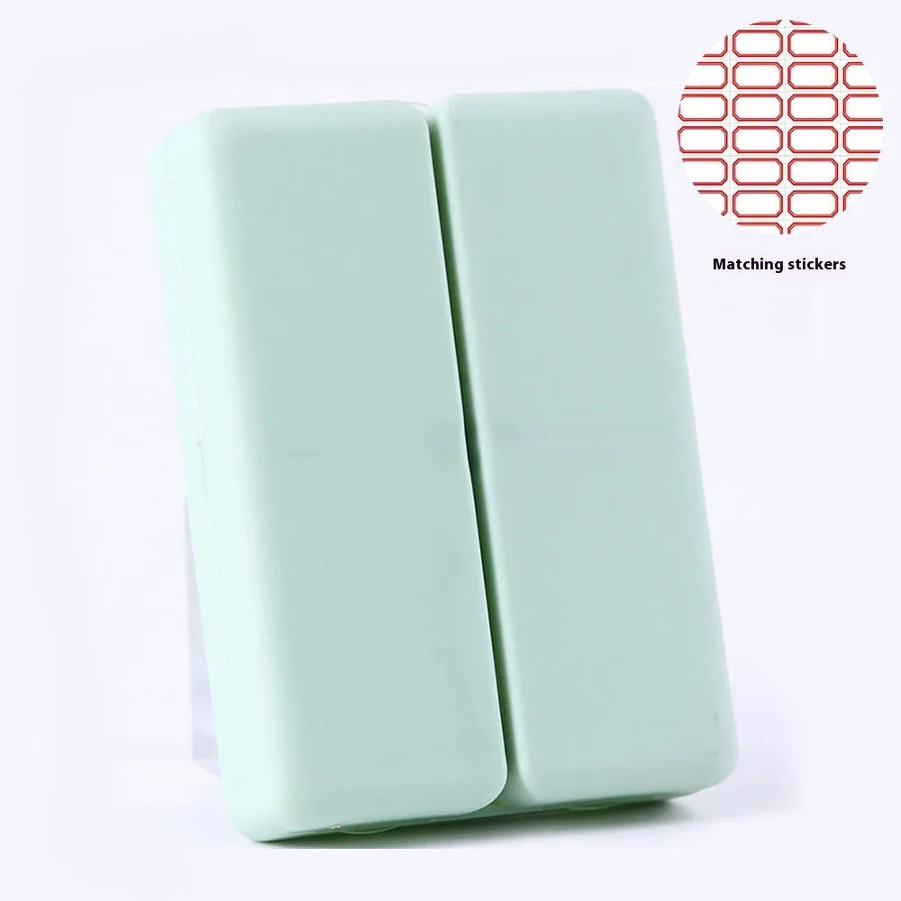 Blue foldable pill box with seven compartments and magnetic closure showing open and closed positions