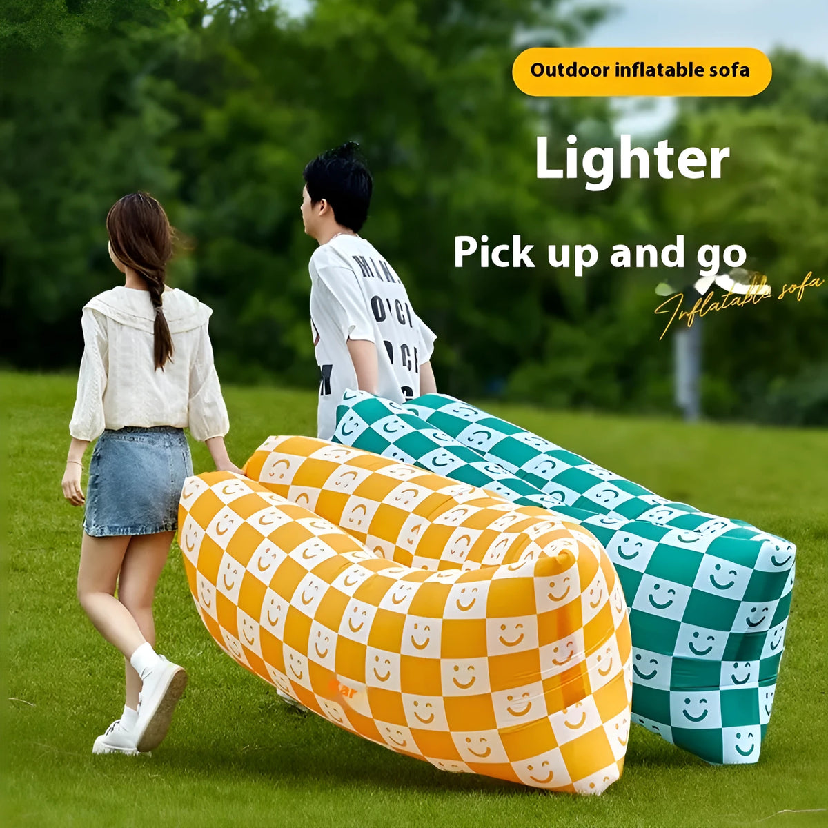 Yellow smiling face pattern inflatable portable seat for outdoor use