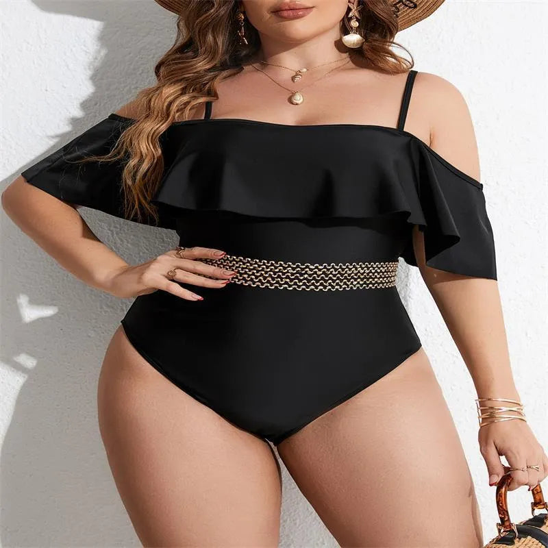 Women's solid colour one-piece swimsuit for swimming and wading in polyester fabric, available in sizes 0XL, 1XL, 2XL, 3XL, and 4XL with a classic black design for a streamlined fit.