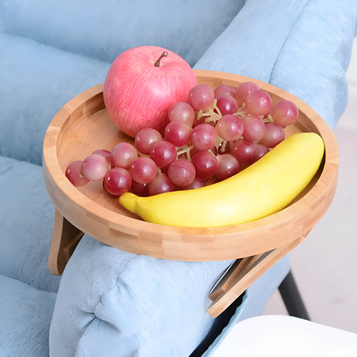 Wooden clip-on sofa tray table with carving design in bamboo colour on armrest