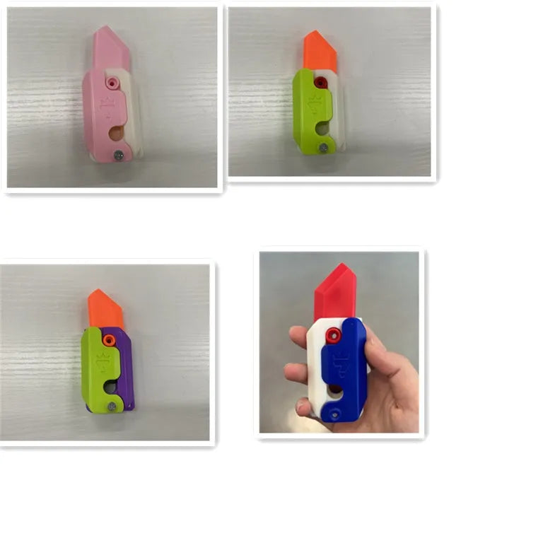 3D printed plastic carrot fidget knife with retractable blade, shown in orange and green colour scheme.