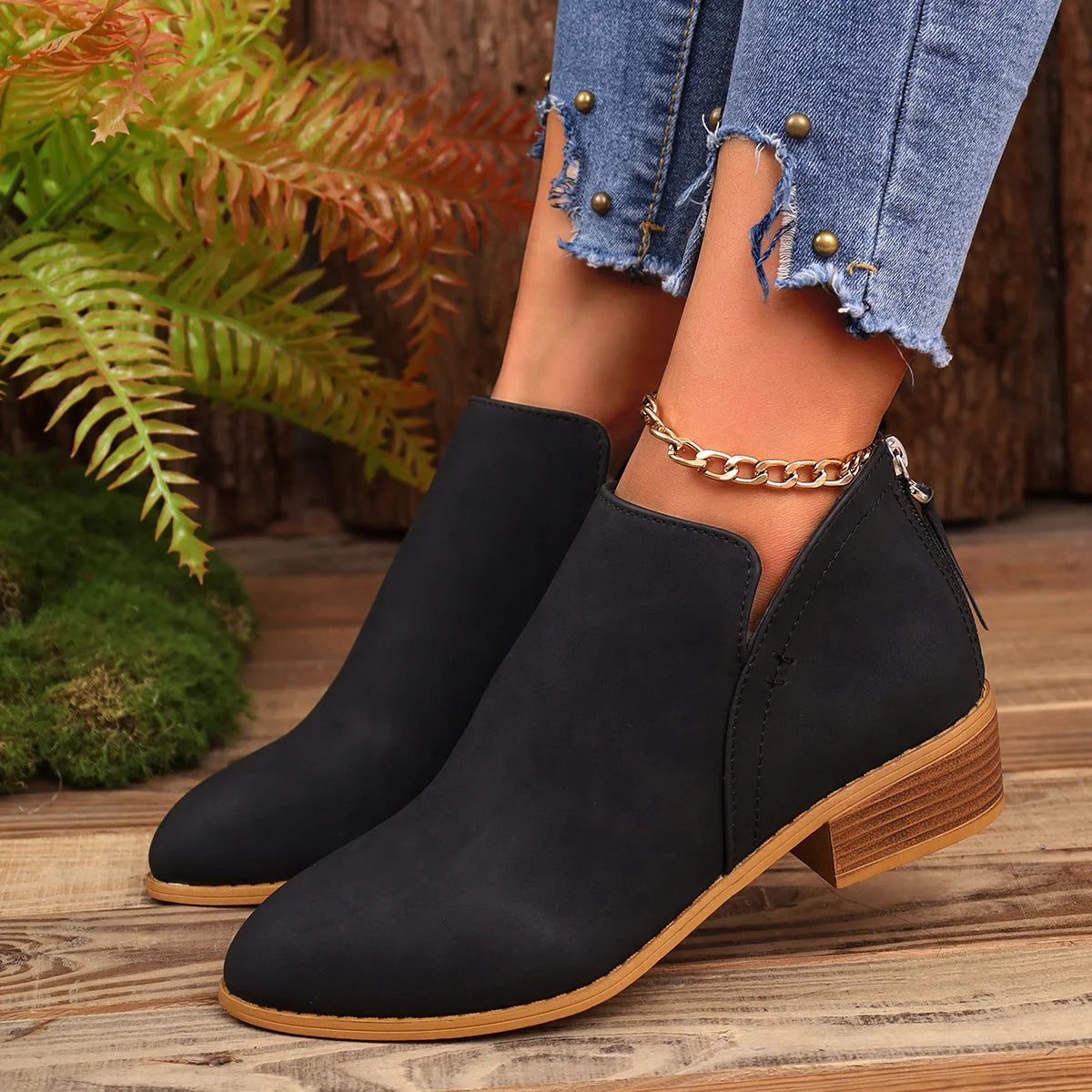 Women's chunky heel pointed toe ankle boots with V-cut design in khaki, off white, black, and pink