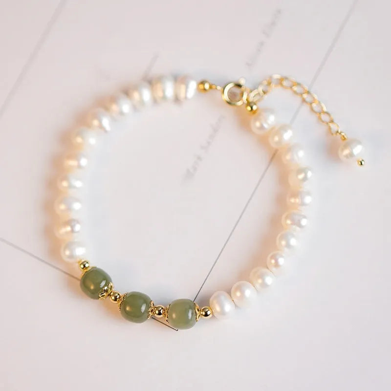 Korean style freshwater pearl bracelet with diamond-shaped pearls in Hetian jade electroplated finish