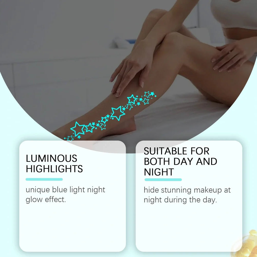 Luminous temporary tattoo stickers glowing on skin with water-based paste containing aloe extract