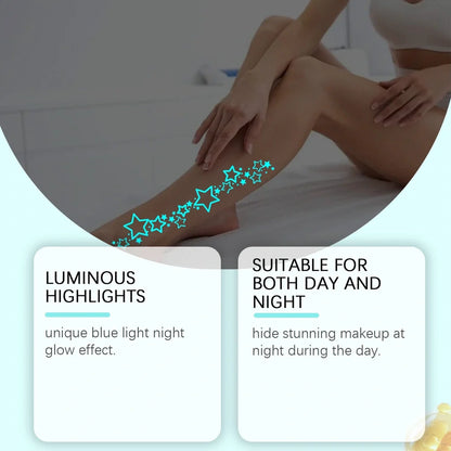 Luminous temporary tattoo stickers glowing on skin with water-based paste containing aloe extract