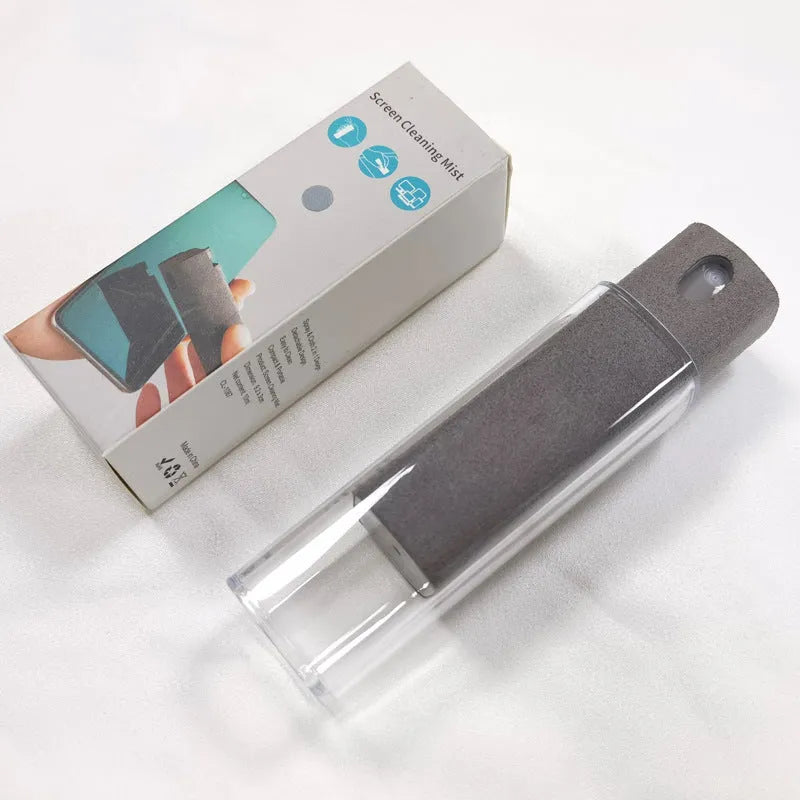 Portable all-in-one screen cleaner kit with protective shell, microfiber wipe, and internal fluid bottle.
