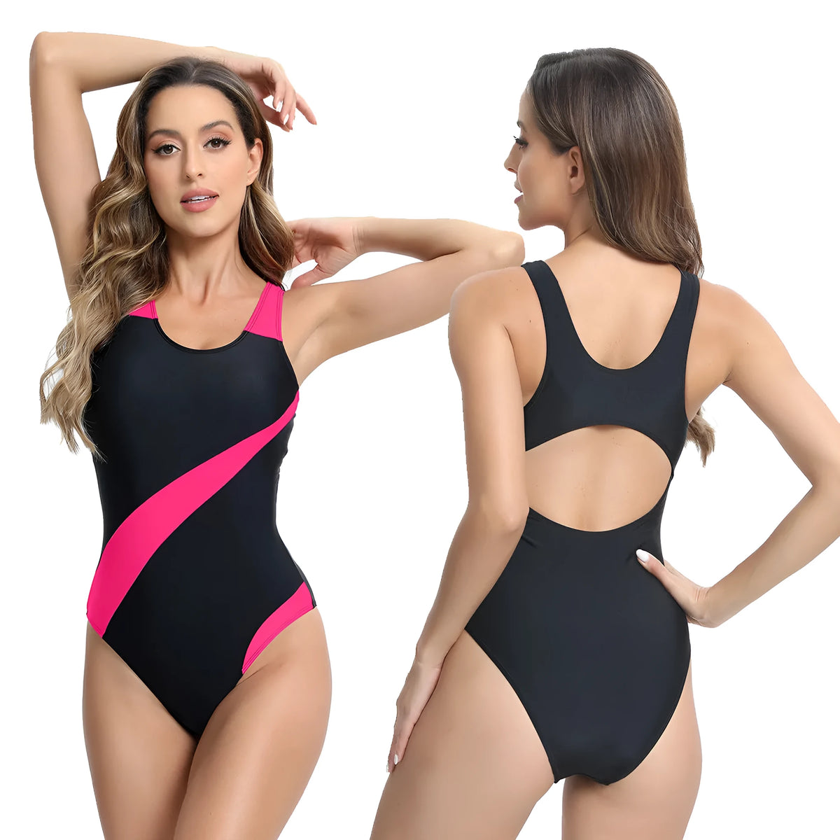 Blue one-piece sleeveless swimsuit with matching briefs on a mannequin.