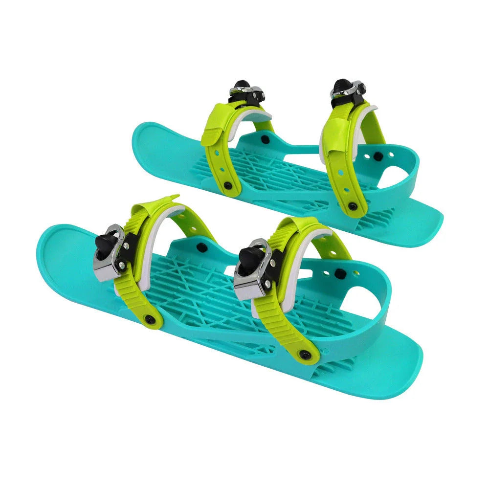 Adjustable snowshoeing mini skates with durable nylon soles, reinforced TPU laces, and customizable metal buckles for a secure fit across a wide range of shoe sizes