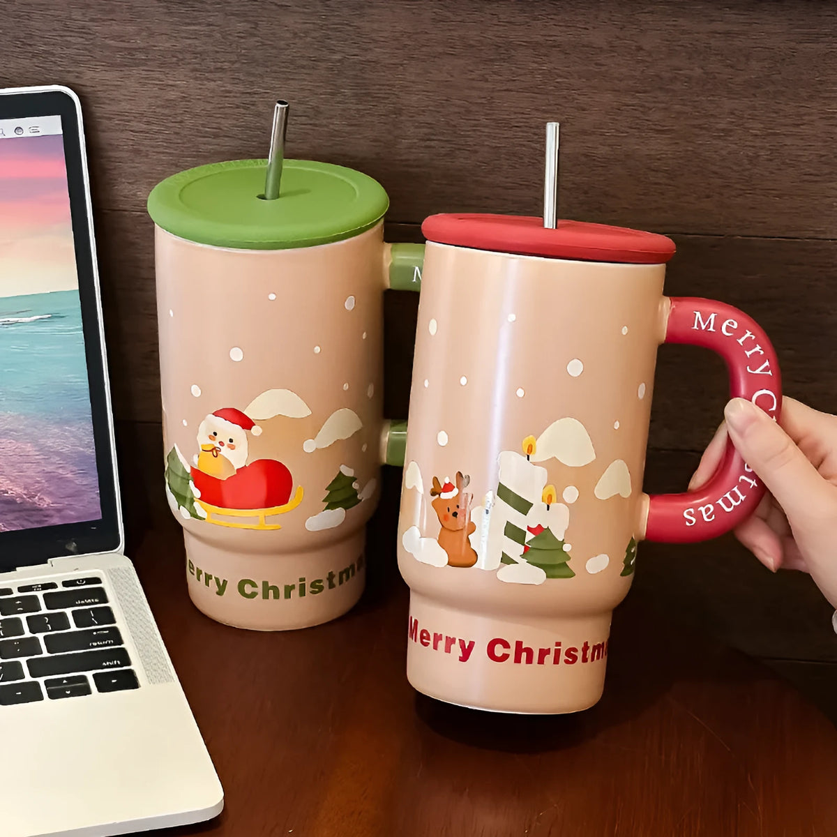 800ml white porcelain ceramic Christmas mug with cartoon pattern and cylindrical single-layer body