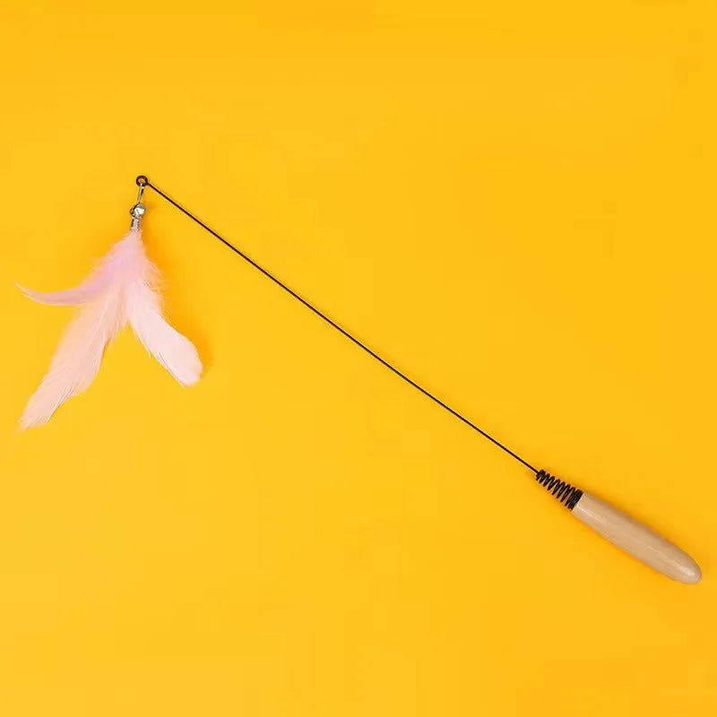 Wooden handle cat teasing stick with spring and four feather bell replacement heads in different colours