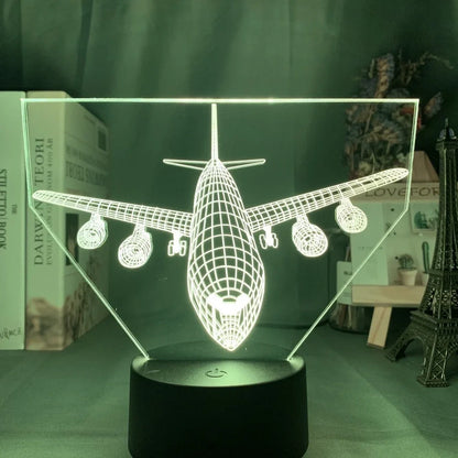 Custom 3D aeroplane hologram night light with personalised name, showing optical acrylic panel and ABS base
