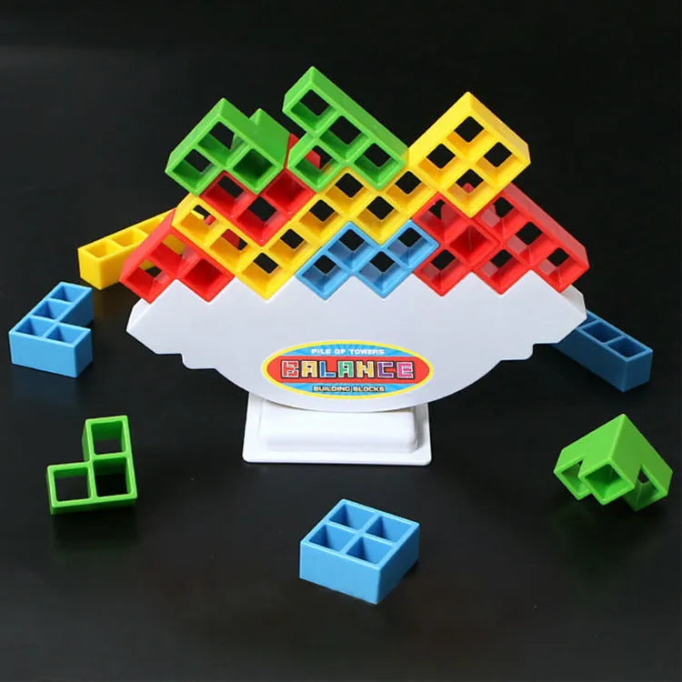 Plastic balance stacking game with 16 colourful blocks, chassis, and base for kids and adults