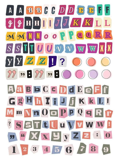 English letters and numbers symbol label stickers set showing alphabet collections and week words for organisation