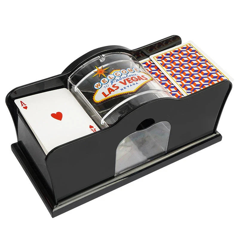 A manual card shuffler made of durable ABS material with a smooth hand crank for easy shuffling of playing cards for poker, blackjack, and other card games.
