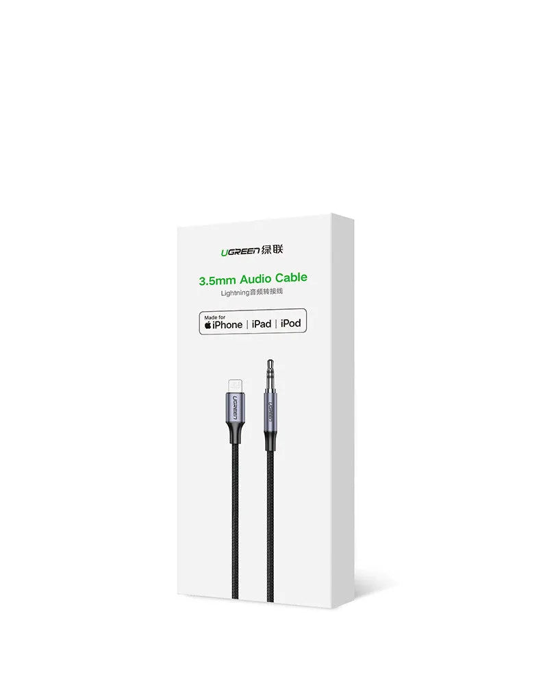 Black Apple Lightning to 3.5mm audio cable for car with silk braid and aluminium shell