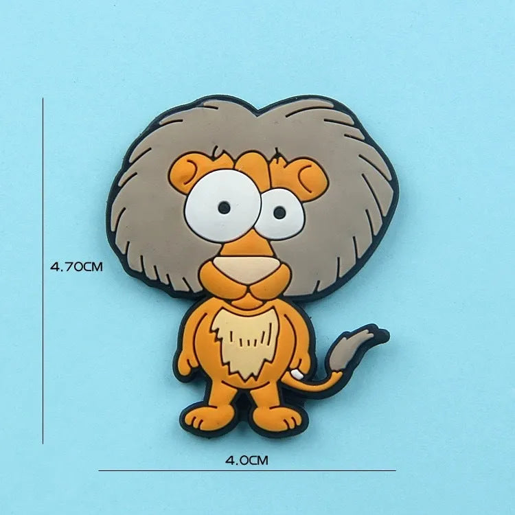 Nine PVC soft rubber cartoon animal fridge stickers including monkey, crocodile, leopard, lion, zebra, elephant, giraffe, and ostrich.