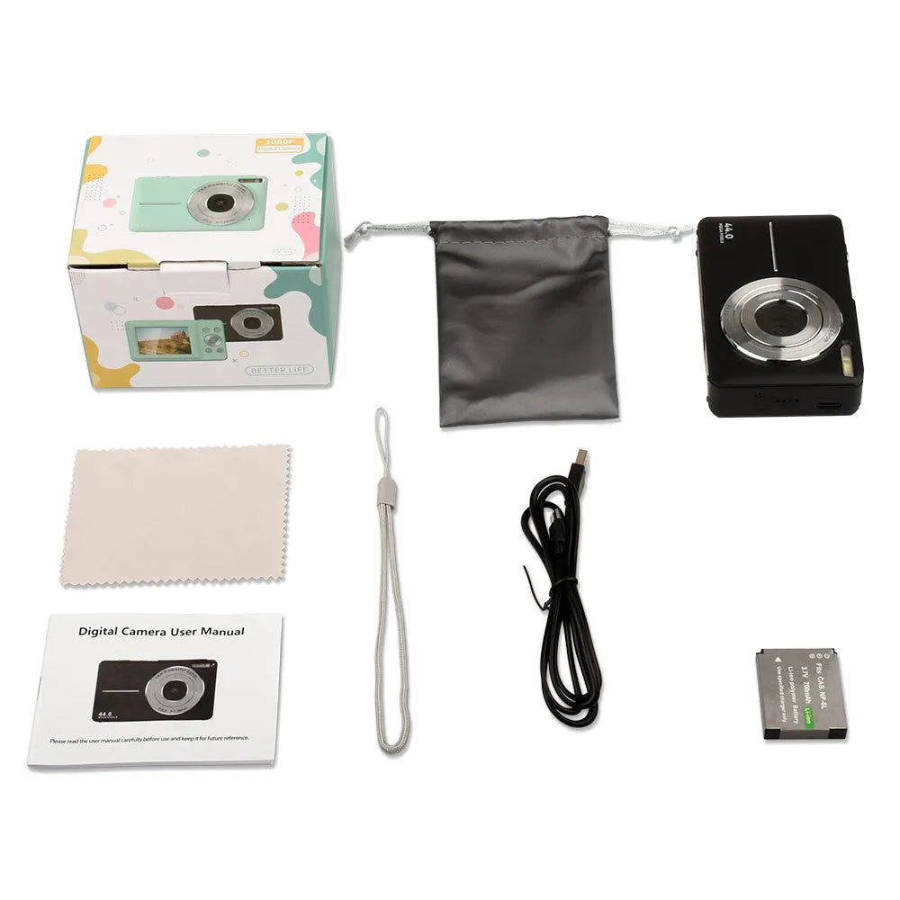 Colourful children's mini digital camera with large screen, showing black, pink and green options with lanyard.