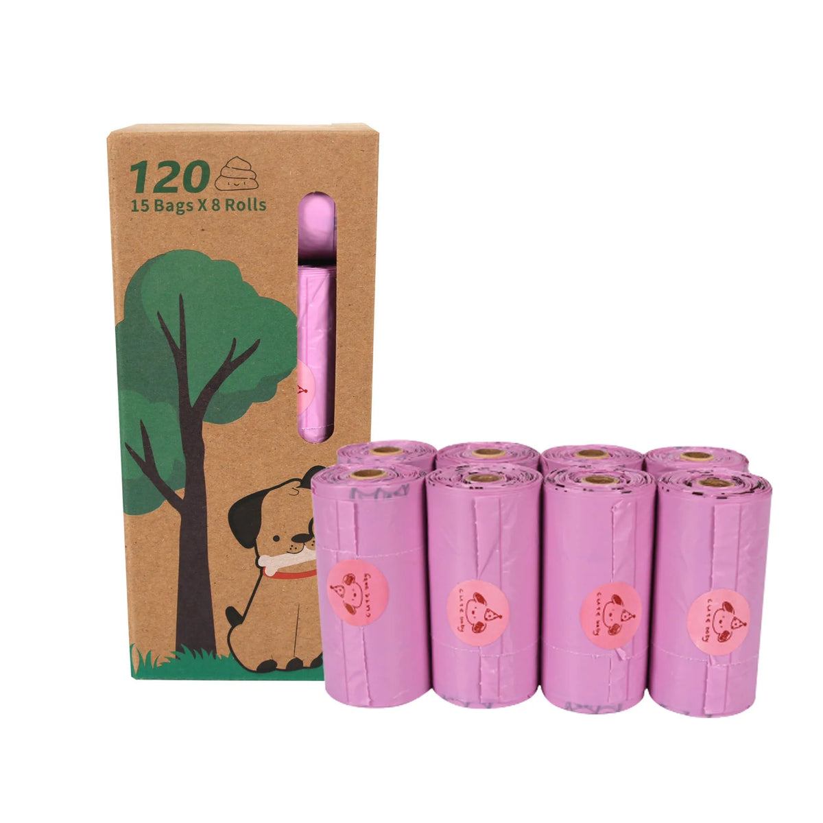 Roll of military green degradable dog poop bags with black bone print, shown next to a plastic dispenser.