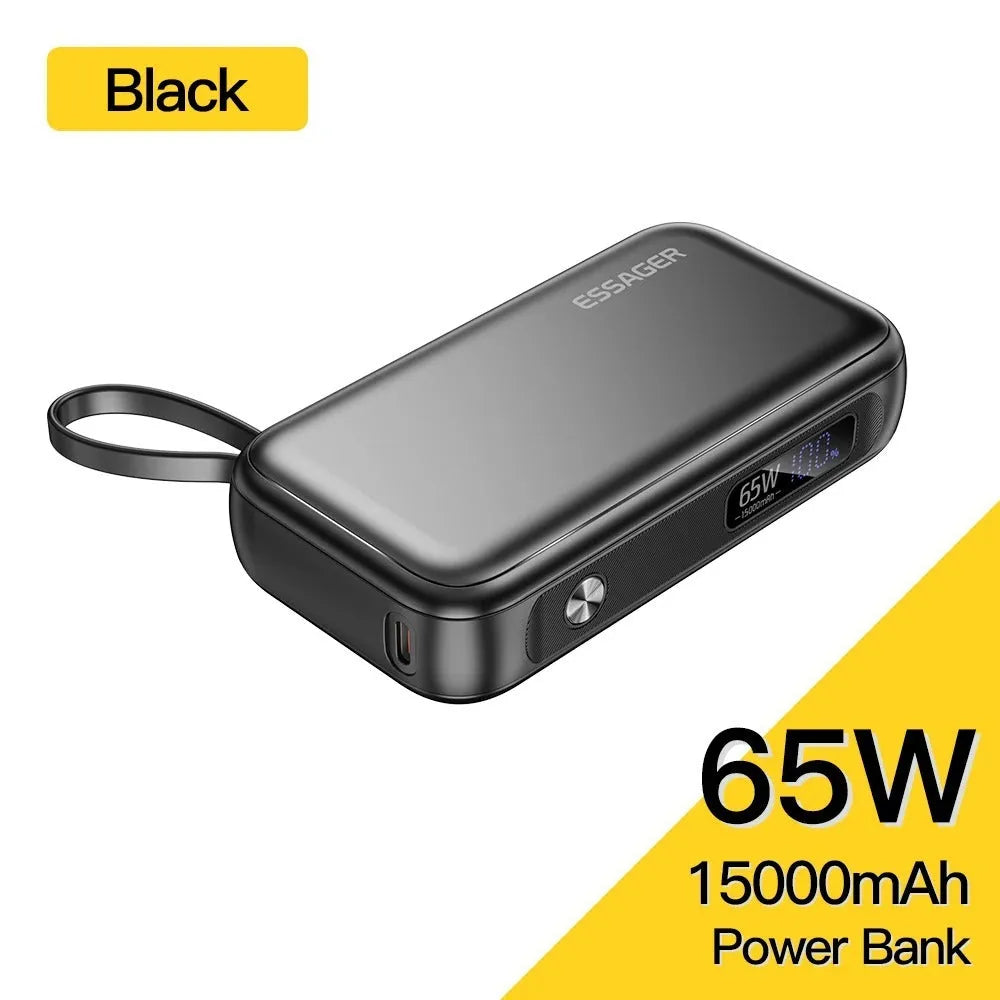 Black 15000mAh power bank with digital display, 65W Type-C output, 60W input, and USB-A port