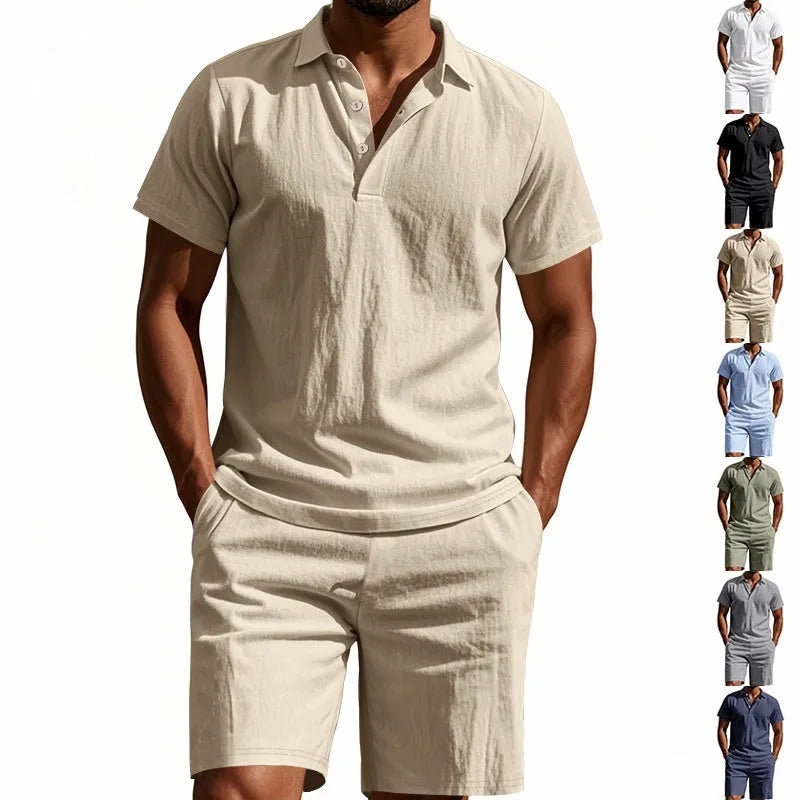 Men's Linen Short Suit Casual Summer Beach Wear Loose Fit Short Sleeve Shirt and Shorts Set in Thin Breathable Chemical Fibre Blend Fabric Available in Seven Colours Including White Black and Army Green