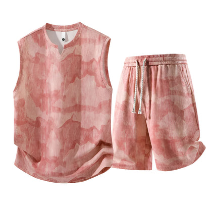 Sleeveless vest and fifth pants two-piece suit in extended sizes with quick-drying hemp fabric