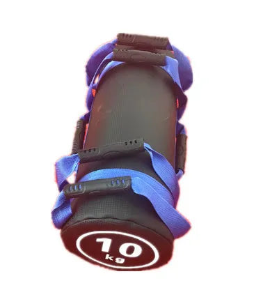 White PVC training sandbag with leather exterior shown in gym setting with weight options from 5kg to 30kg